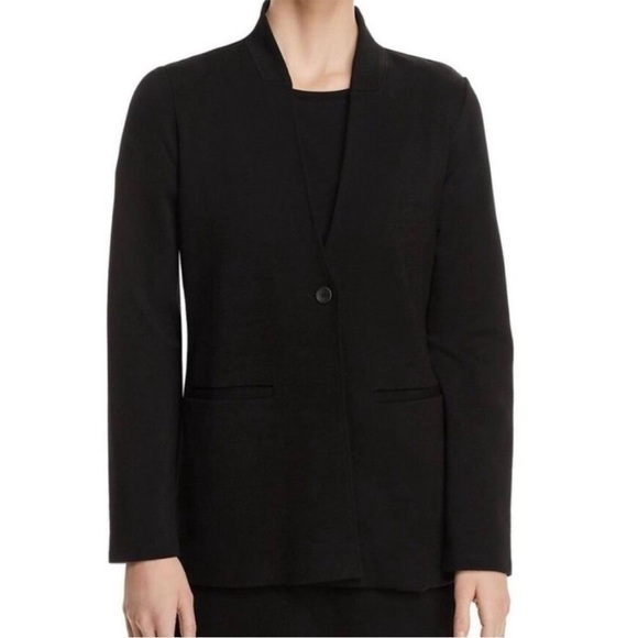 Eileen Fisher Stand Collar One Button Tencel Blazer Jacket Black Classic Minimal - Picture 11 of 11